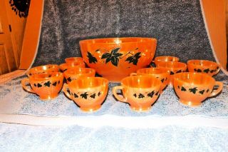 Vintage Fire King Punch Set Bowl 12 Cups Peach Luster Green Ivy Design W/ladel