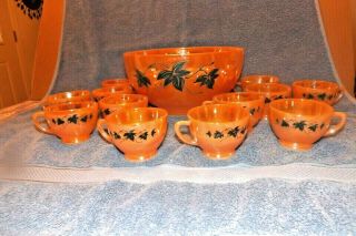 Vintage Fire King Punch Set Bowl 12 Cups Peach Luster Green Ivy Design w/Ladel 2