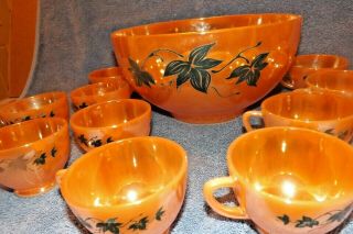 Vintage Fire King Punch Set Bowl 12 Cups Peach Luster Green Ivy Design w/Ladel 3