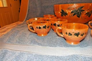 Vintage Fire King Punch Set Bowl 12 Cups Peach Luster Green Ivy Design w/Ladel 4