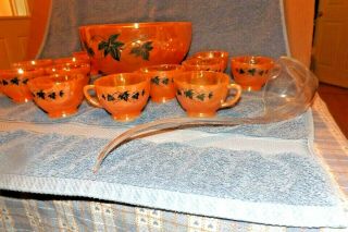 Vintage Fire King Punch Set Bowl 12 Cups Peach Luster Green Ivy Design w/Ladel 5