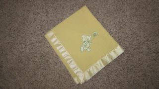 Vintage Quiltex Yellow Baby Blanket Satin Binding Hug Me Teddy Bear 44x27