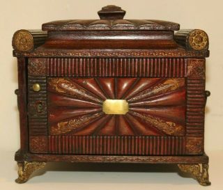 Vintage Wood Jewelry Box 3 Drawers Hand Carved Brass Trim