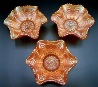 3 Vintage Fenton Marigold Peacock Tail Carnival Glass Bowls