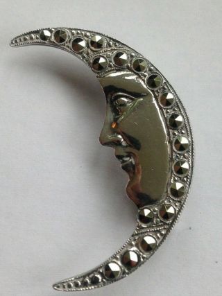 Vintage 925 Silver And Marcasite Man In The Moon Brooch