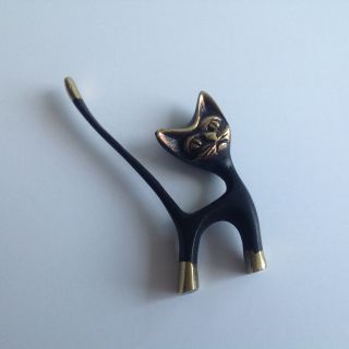 Vintage Mid - Century Black Brass Cat Figurine Ring Holder Walter Bosse Style