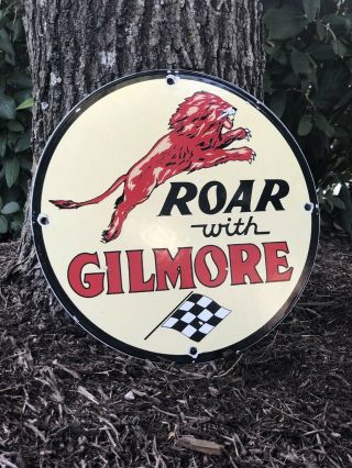 Vintage Lion Gasoline Porcelain Enamel Gas Pump Station Sign Roar With Gilmore