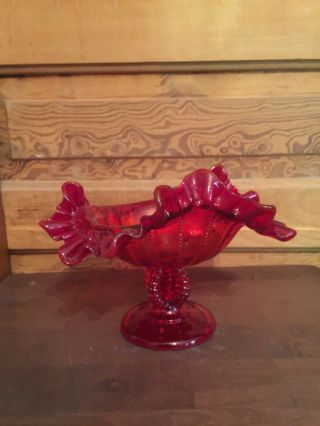Vintage Fenton Art Glass Ruby Red Ruffled Compote Bowl Beaded Stem