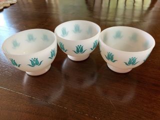 Vintage 60’s Set Of 3 Fire King Ovenware Cottage Cheese Turquoise Bowls.