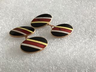 Vintage Enamel Striped Yellow Black Red White Gold Tone Oval Cufflinks -