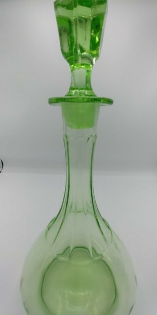 Vintage Green Depression Glass Decanter With Stopper.
