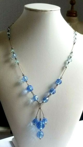 Czech Vintage Art Deco Blue Faceted Glass Bead Tassel Necklace