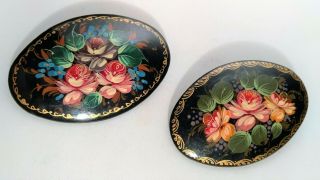 2 Vintage Russian Flower Floral Brooch Pins Black Lacquer Hand Painted Signed