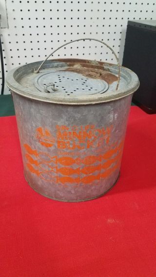 Vintage Frabill Min - O - Life Full Float 10 Qt 2 Pc.  Galvanized Metal Minnow Bucket