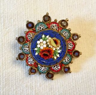 Vintage Micro Mosaic Brooch Flowers Italy