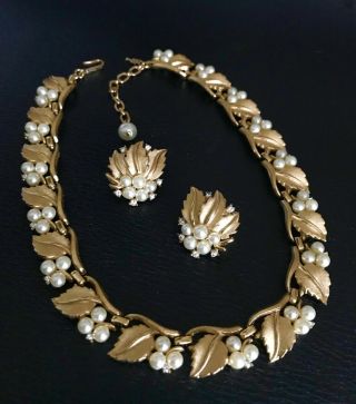 Vintage Gold Tone Clear Rhinestone Faux Perl Necklace Earring Set By Trifari