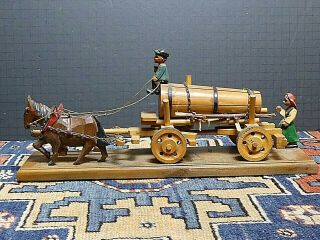 Vintage Handmade European Wooden Folk Carving Horse Drawn Beer Wagon