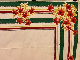 Vintage Mid - Century Christmas Tablecloth Poinsettia Red Green Yellow 63 X 52