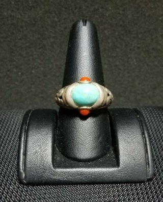 Vintage Native American Sterling Silver/coral/turquoise Ring Size 10.  5