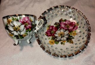 Vintage Lusterware Tea Cup And Saucer,  1930ish,  Floral Footed