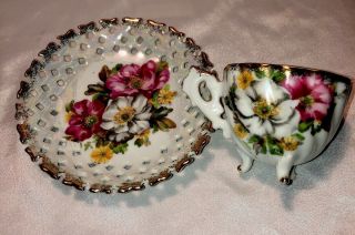VINTAGE LUSTERWARE TEA CUP AND SAUCER,  1930ish,  FLORAL FOOTED 2