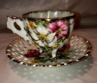 VINTAGE LUSTERWARE TEA CUP AND SAUCER,  1930ish,  FLORAL FOOTED 3