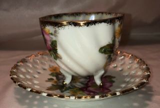 VINTAGE LUSTERWARE TEA CUP AND SAUCER,  1930ish,  FLORAL FOOTED 4
