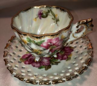 VINTAGE LUSTERWARE TEA CUP AND SAUCER,  1930ish,  FLORAL FOOTED 5