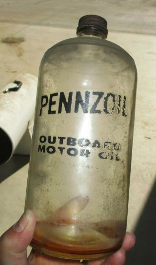 Vintage Pennzoil Outboard Motor Oil Quart Glass Bottle Jar W Lid