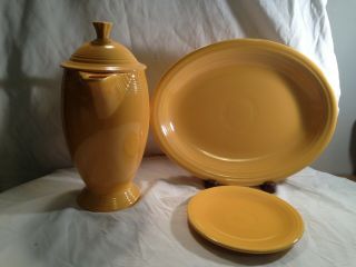 Vtg Fiesta Ware Old Yellow Homer Laughlin Coffee Pot,  Platter,  & Saucer