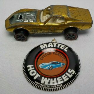 Vintage Hot Wheels Redline 1968 Mattel Custom Corvette Car Gold W Button Tab