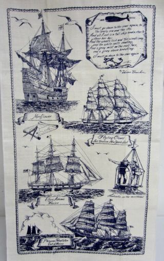 Vintage Linen Tall Sailing Ships Whales Warren Boucher Artist Tea Towel