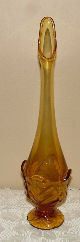 Vintage Viking Glass Art Epic Amber Swung Bud Vase Cabbage Leaf Tall 15 - 1/4 "