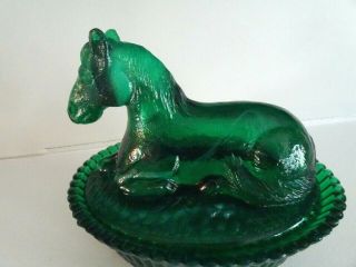 Vintage Art Glass Horse On Nest Covered Box Dish Malachite Green Slag