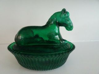 Vintage Art Glass HORSE ON NEST COVERED Box Dish Malachite Green Slag 2