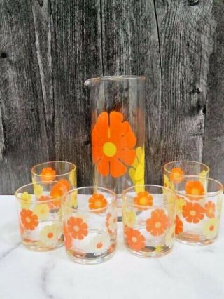 Vintage Colony Glass Cocktail Set Flower Power Martini Mixer Pitcher 4 Glasses