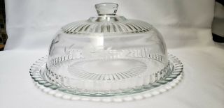 Vintage Pressed Clear Glass Flowered Cake Dome And Ruffled Edge Cake Plate