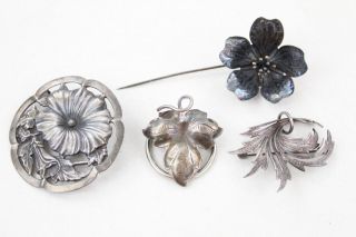 4 X Vintage.  925 Sterling Silver Floral Brooches Inc.  Pin Brooch,  Fig Leaf (34g)