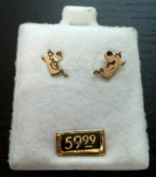Vintage Estate Signed 10k Gold Scooby Doo Dog 3/8 " Post Earrings On Card G788k
