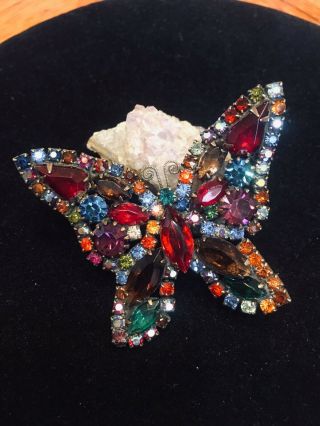 Vtg Weiss Multi - Color Glass Rhinestone Butterfly Brooch Pin