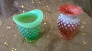 (2) Vintage Opalescent Hobnail Pattern Green And Pink/white Small Vases