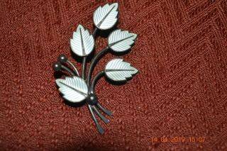 Vintage Sterling Silver & White Enamel Leaf Brooch Marked Jemax Sterling Denmark