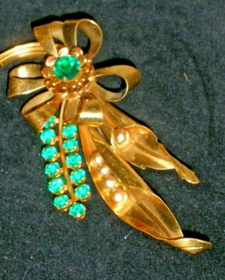 Vintage Goldtone Brooch With Green Rhinestones And Faux Pearls - 3 3/4 " X 1 1/2 "