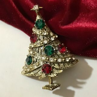 Vintage Hollycraft Christmas Tree Brooch Vibrant Rhinestones