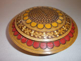Antique Vintage Decorative Wooden Bowl,  Box With Pyrograph,  Painted - Europe
