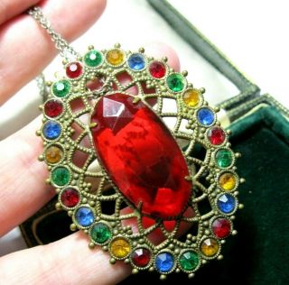 Antique Vintage Art Deco Jewellery Rainbow Crystal Rhinestone Pendant Necklace