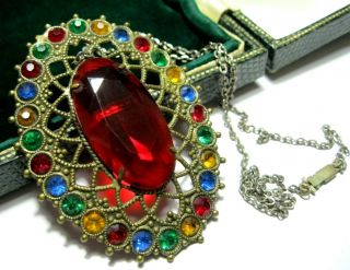 Antique Vintage Art Deco Jewellery Rainbow Crystal Rhinestone Pendant Necklace 2