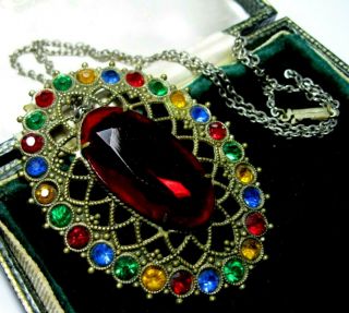 Antique Vintage Art Deco Jewellery Rainbow Crystal Rhinestone Pendant Necklace 3