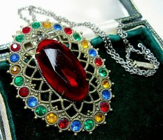 Antique Vintage Art Deco Jewellery Rainbow Crystal Rhinestone Pendant Necklace 4