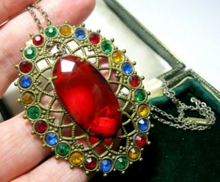 Antique Vintage Art Deco Jewellery Rainbow Crystal Rhinestone Pendant Necklace 5